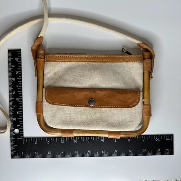 Vintage Slim Beige Tan Canvas Bamboo Frame Shoulder Mini Bag - Picture 5 of 9